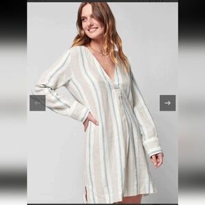 Faherty Beach Days Linen Shirt Dress  Sz M Boho Coastal Beachy Stripe Neutral